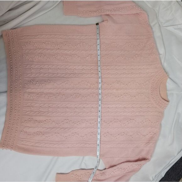 VINTAGE 90s sweater pink mock neck pearl beaded cable knit angora XL - Picture 10 of 11